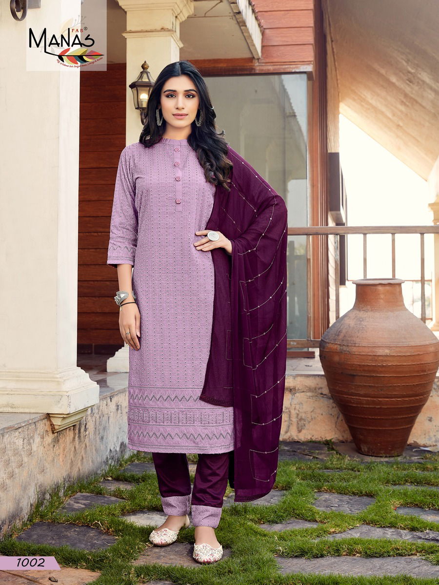 Manas Bombay Schiffli Designer Festive Wear Kurti With Pant And Dupatta Readymade Collection